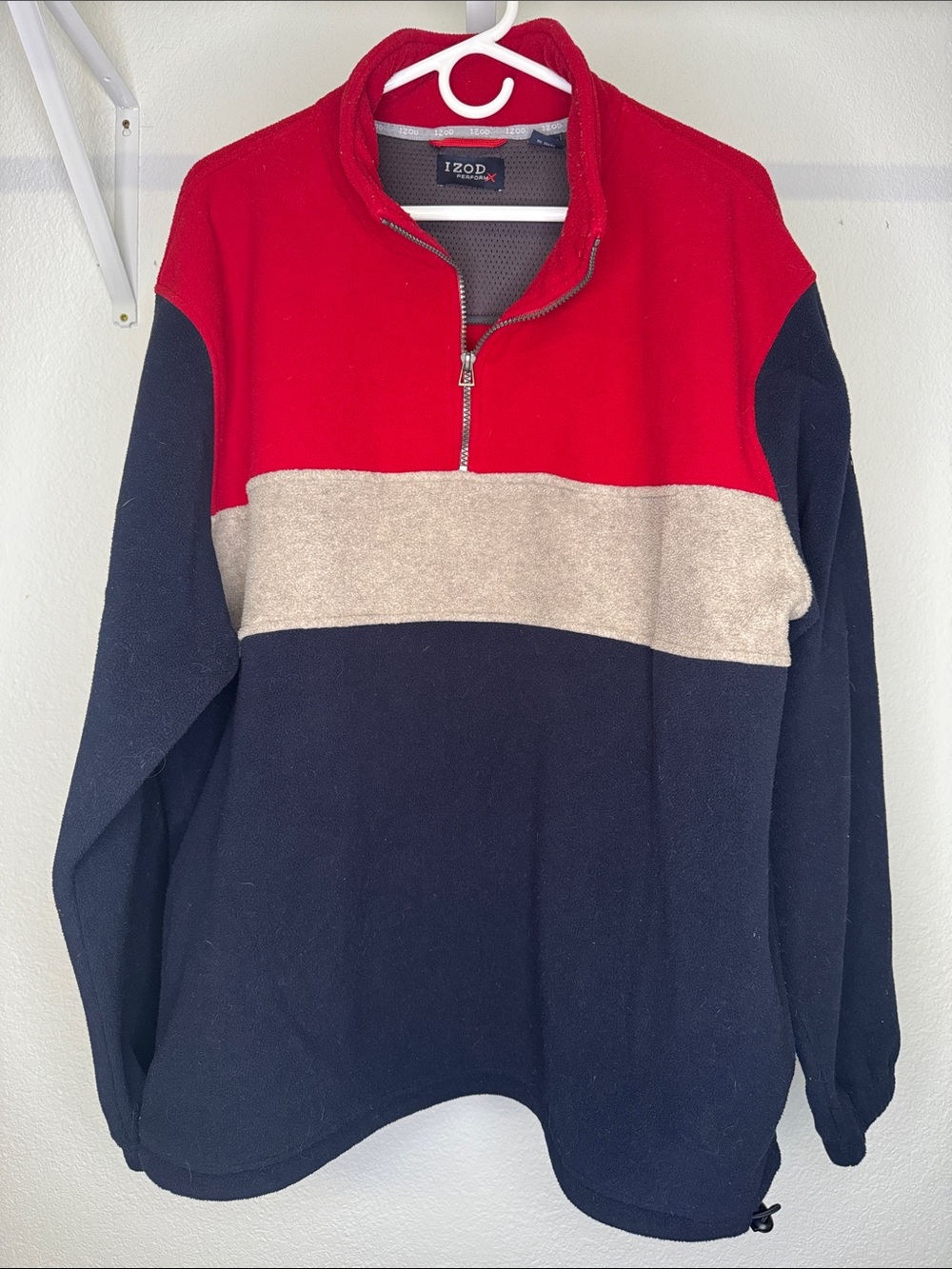 Izod Mens Red/Navy/Gray Colorblock Quarter-Zip Sweater